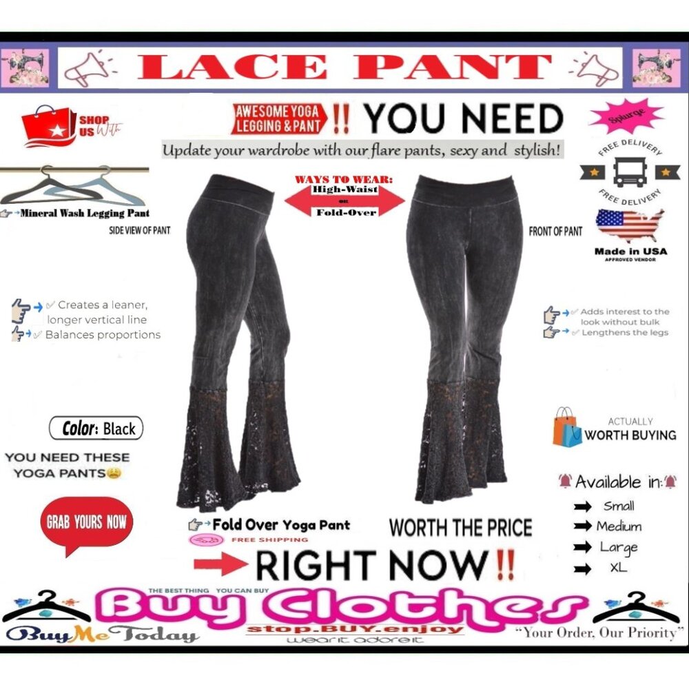 🛑 BOTTOM Fold Embroidery ➕ LACE 🆒 LEGGING PANT High Waist FLARE Wash BUY NOW - Picture 10 of 16